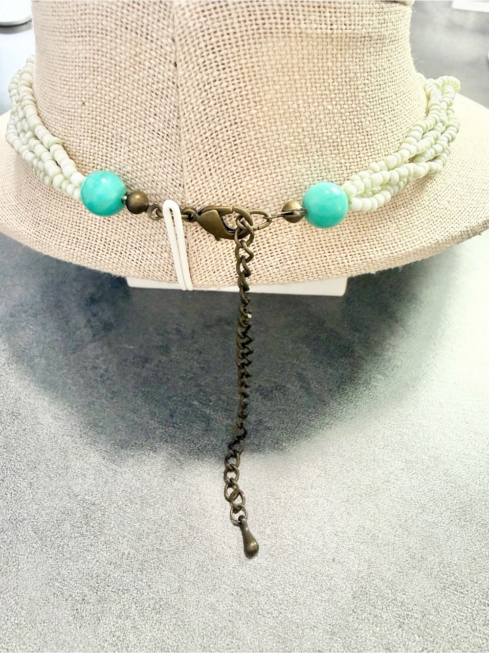 Vintage Large Cross Necklace Blueish Enamel Green Seed Beaded Brass Tone - Picture 5 of 5